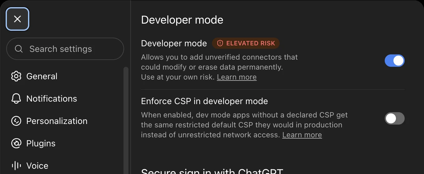 The Developer mode section of ChatGPT's Security and login settings with the Developer mode toggle switched on