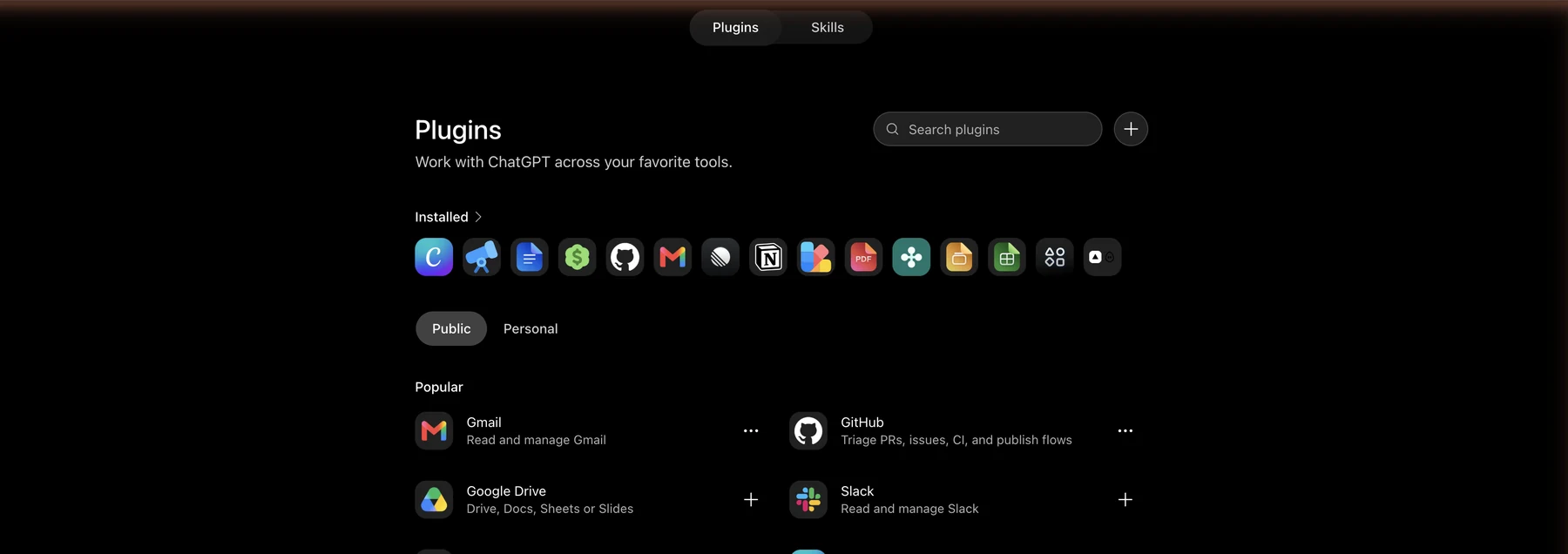 ChatGPT's Plugins page with a Search plugins box and a plus button at the top right, an Installed row, and a Popular section