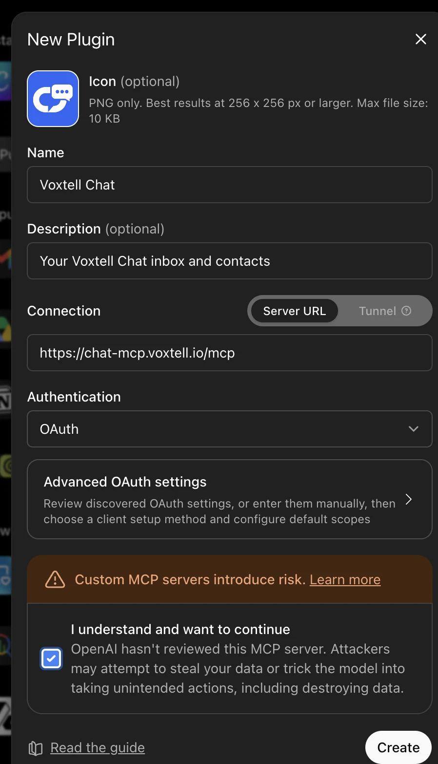 ChatGPT's New Plugin form filled in: the Voxtell icon, the name Voxtell Chat, a description, the Server URL, Authentication set to OAuth, the acknowledgement ticked, and a Create button