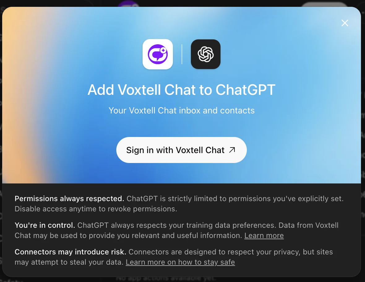 ChatGPT's Add Voxtell Chat to ChatGPT dialog with the Voxtell and ChatGPT icons and a Sign in with Voxtell Chat button