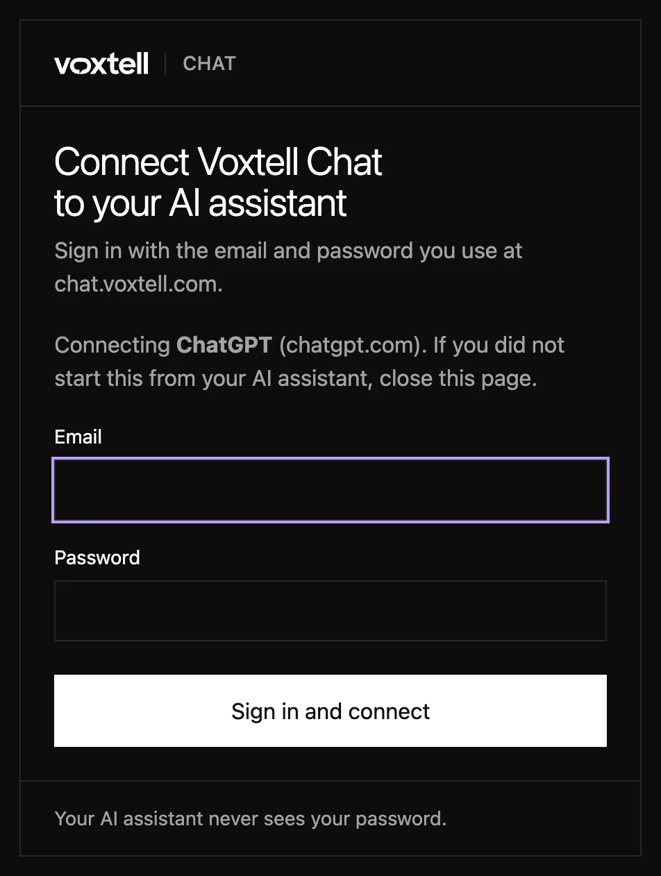 The Voxtell Chat sign-in page saying Connecting ChatGPT, with Email and Password fields and a Sign in and connect button