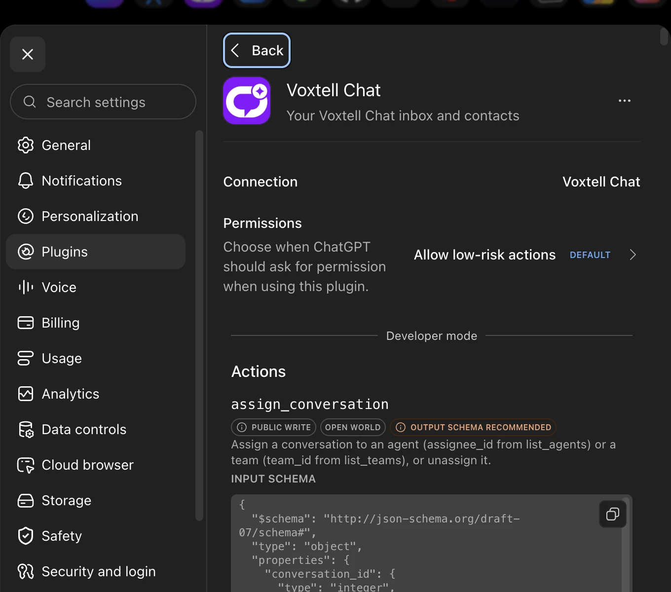 The Voxtell Chat plugin in ChatGPT's settings after connecting: Connection shows Voxtell Chat, a Permissions row, and the first action in the Actions list