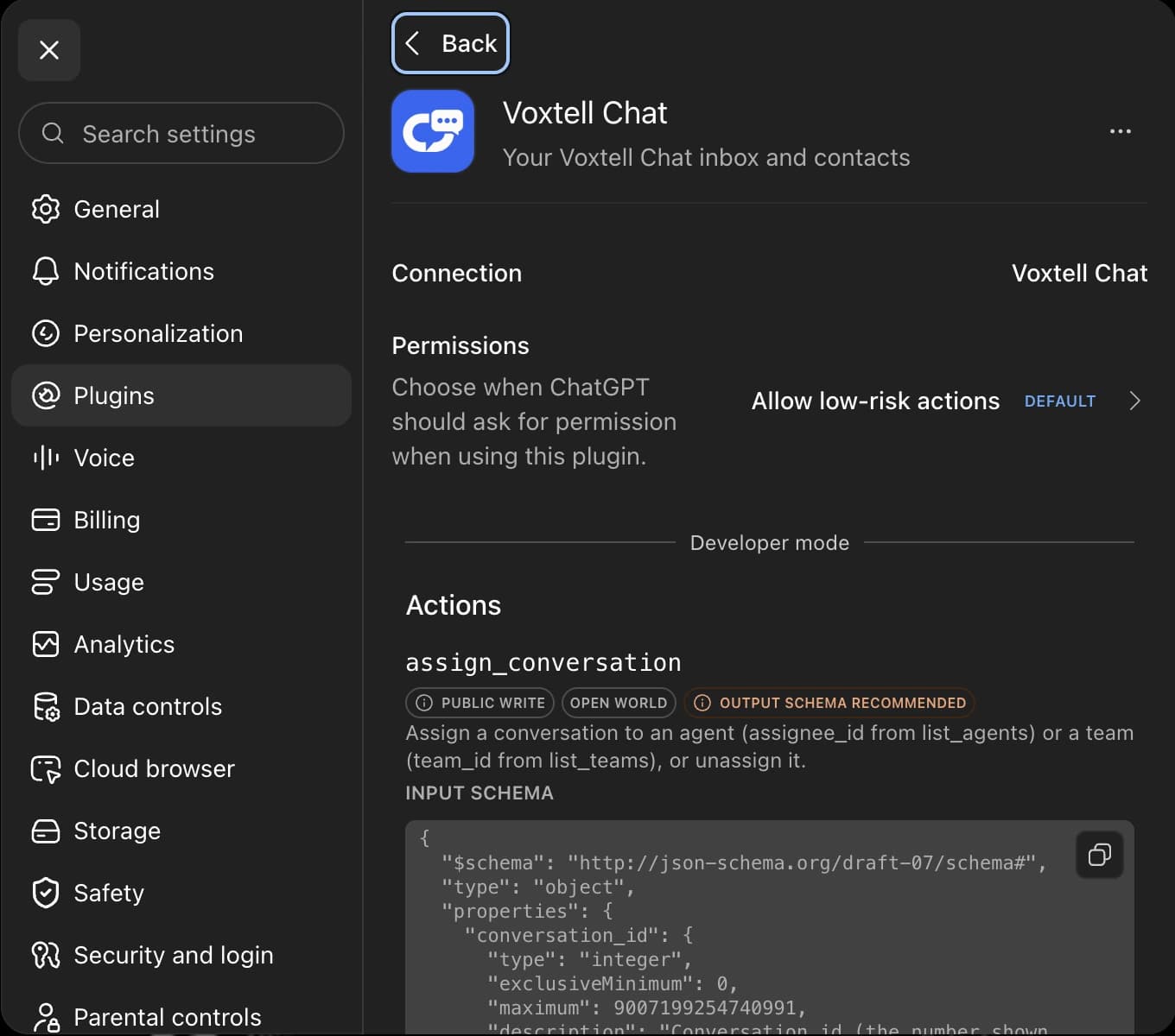 The Voxtell Chat plugin in ChatGPT's settings after connecting: Connection shows Voxtell Chat, a Permissions row, and the first action in the Actions list