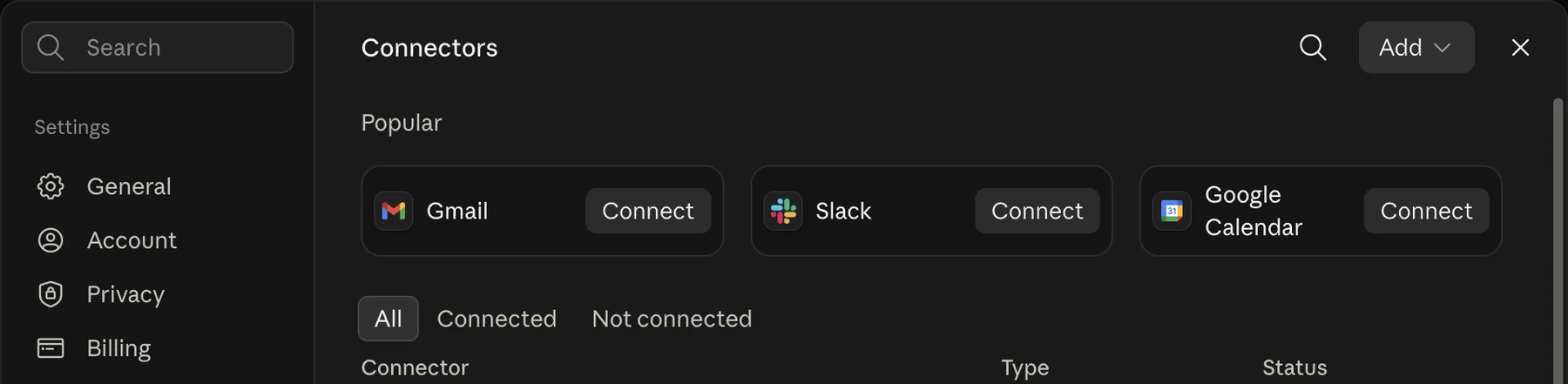 The top of the Connectors panel in Claude's Customize settings: a search icon and an Add button at the top right, a Popular row, and the All, Connected, and Not connected filters