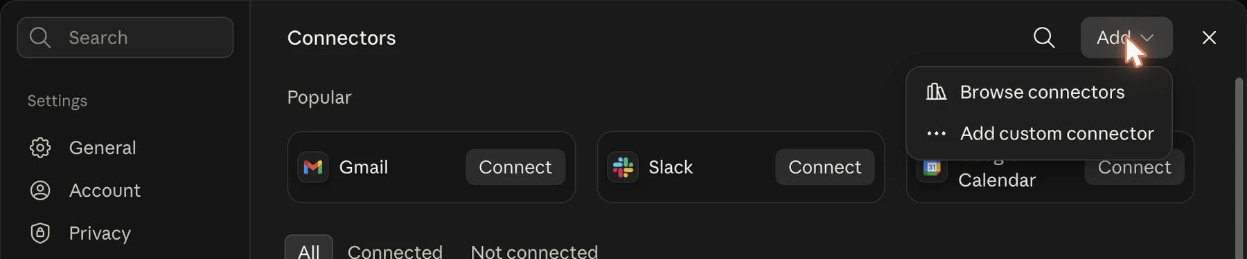 The Add menu open in Claude's Connectors panel with two choices, Browse connectors and Add custom connector