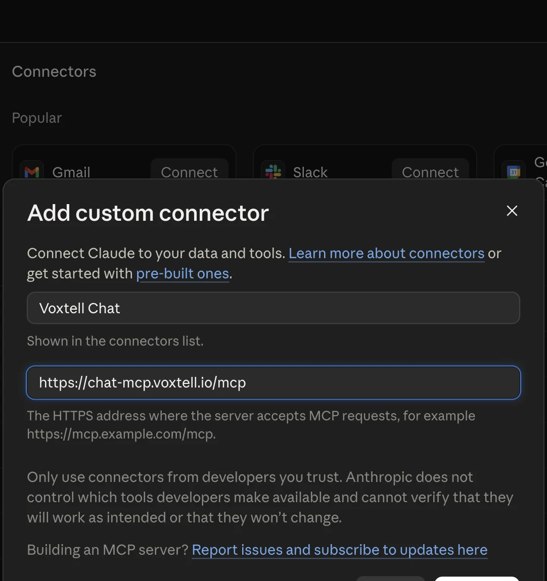 Claude's Add custom connector dialog with the name Voxtell Chat and the Remote MCP server URL filled in, and Cancel and Continue buttons