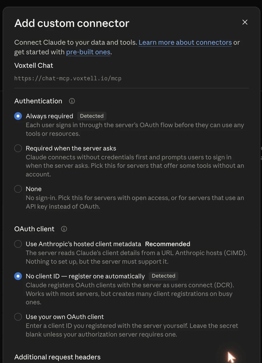 The second step of Claude's Add custom connector dialog. Under Authentication, Always required is selected and marked Detected. Under OAuth client, No client ID, register one automatically is selected and marked Detected
