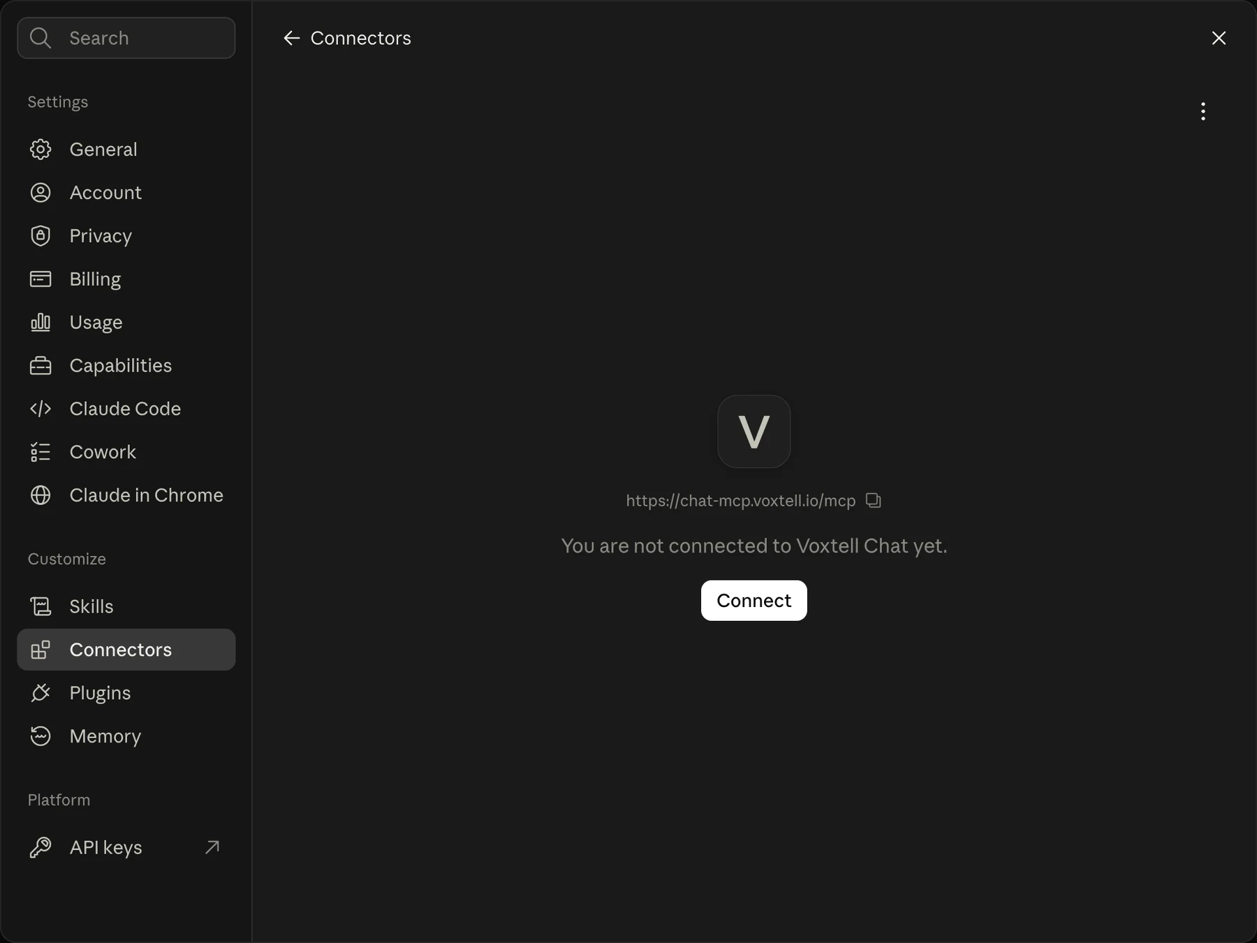 The Voxtell Chat connector page in Claude with the address, the sentence You are not connected to Voxtell Chat yet, and a Connect button