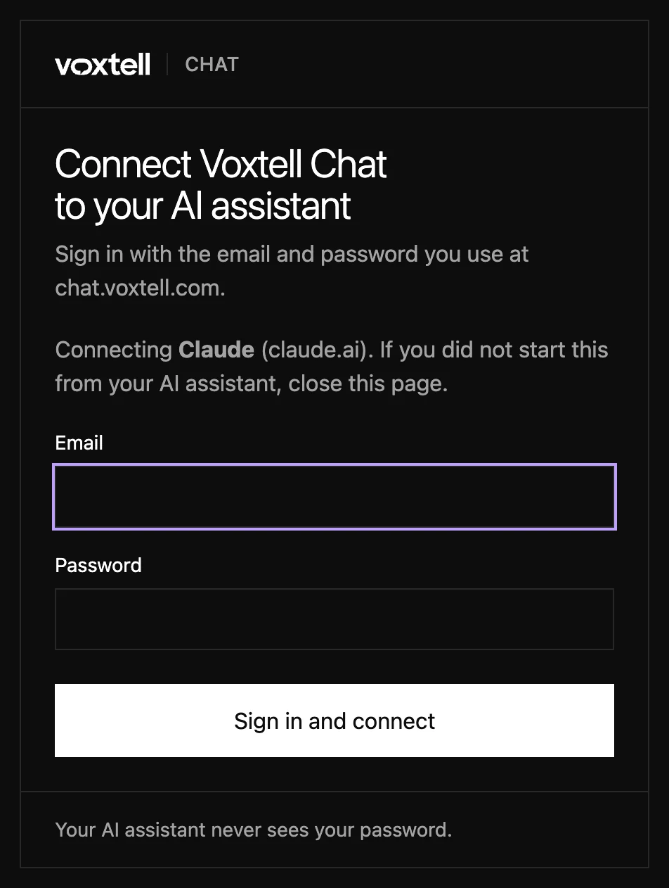 The Voxtell Chat sign-in page saying Connecting Claude, with Email and Password fields and a Sign in and connect button