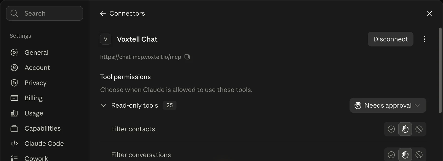 The connected Voxtell Chat connector in Claude: a Disconnect button, Tool permissions, and the first read-only tools set to Needs approval