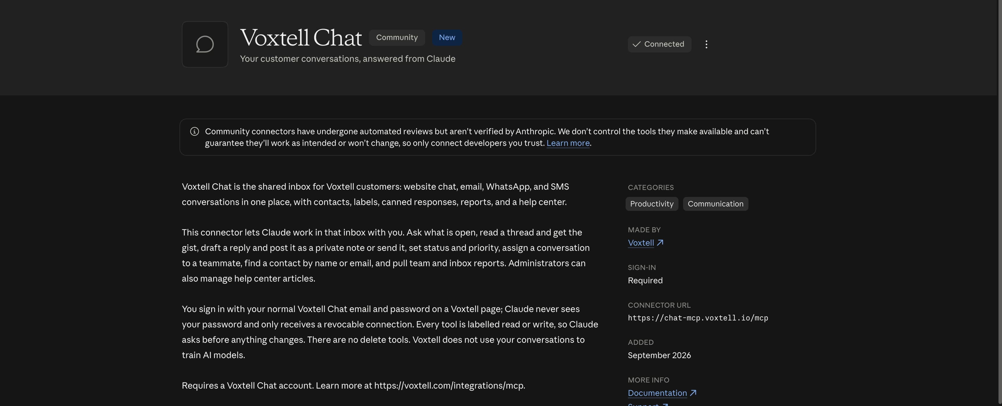 The Voxtell Chat listing in Claude's directory after connecting: a Connected badge where the Connect button was, the Community notice, and the start of the description