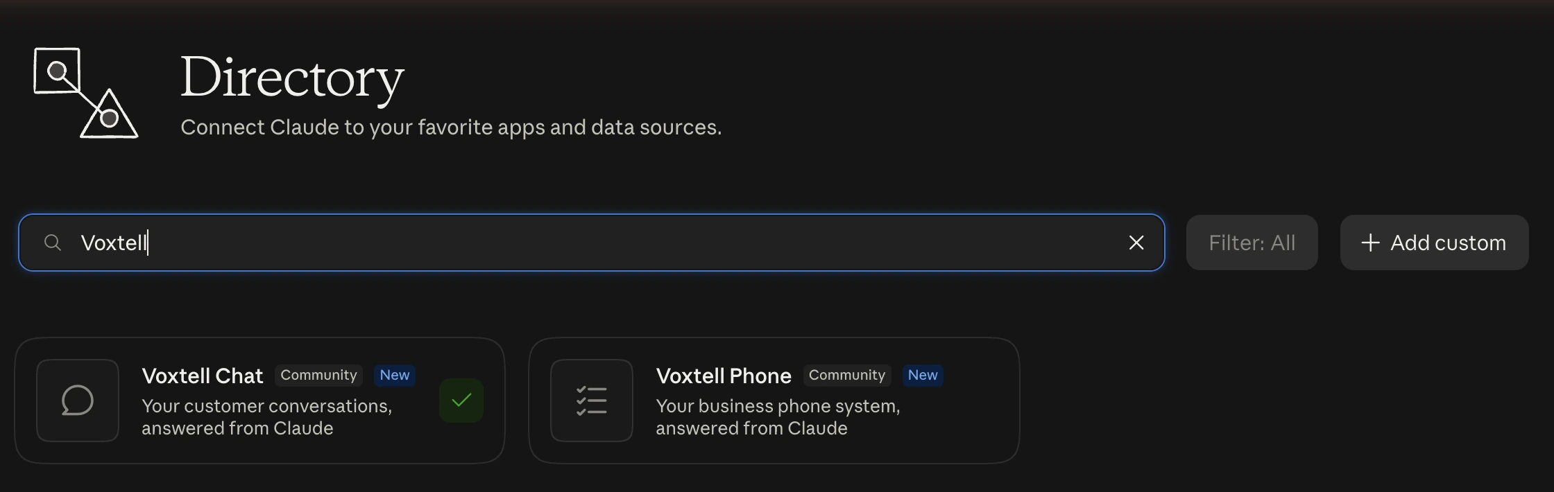 Claude's connector directory with Voxtell typed in the search box, showing two Community cards, Voxtell Chat and Voxtell Phone, each with its tagline