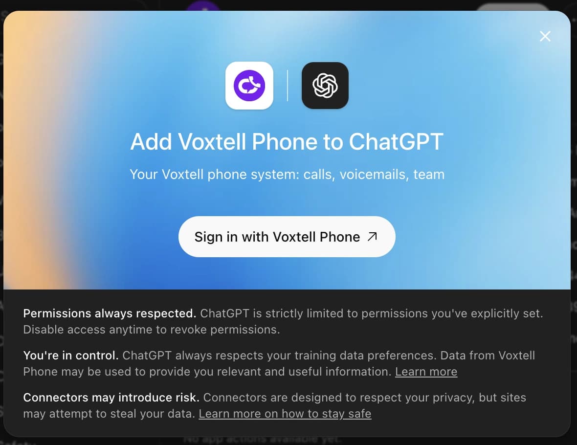 ChatGPT's Add Voxtell Phone to ChatGPT dialog with the Voxtell Phone and ChatGPT icons and a Sign in with Voxtell Phone button