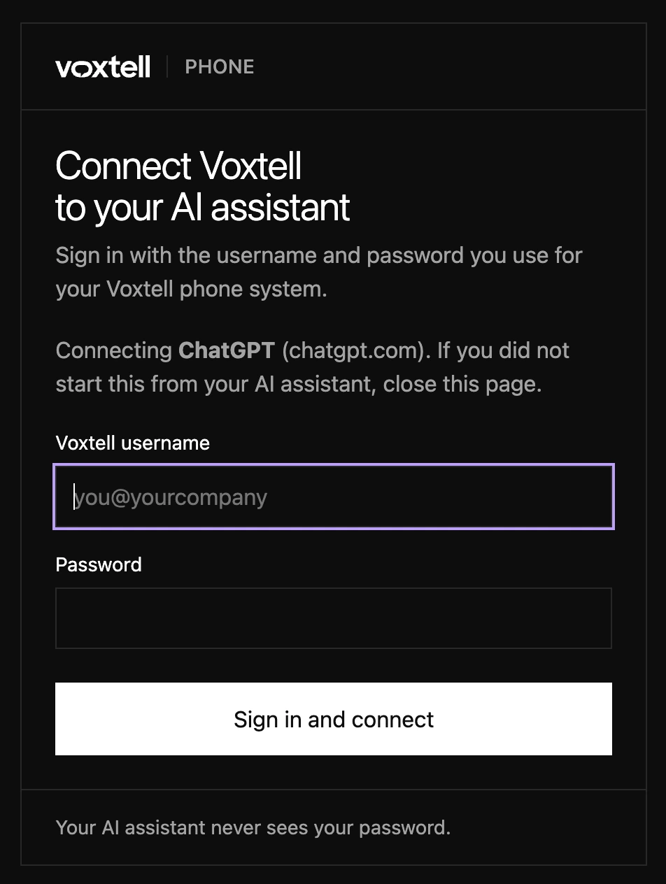 The Voxtell Phone sign-in page saying Connecting ChatGPT, with Voxtell username and Password fields and a Sign in and connect button