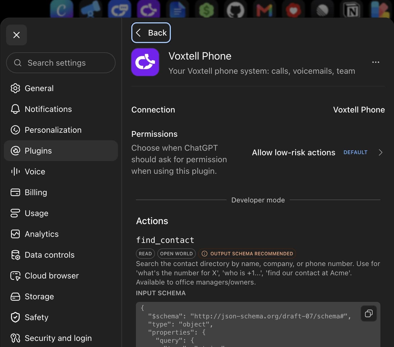 The Voxtell Phone plugin in ChatGPT's settings after connecting: Connection shows Voxtell Phone, a Permissions row, and the first action in the Actions list
