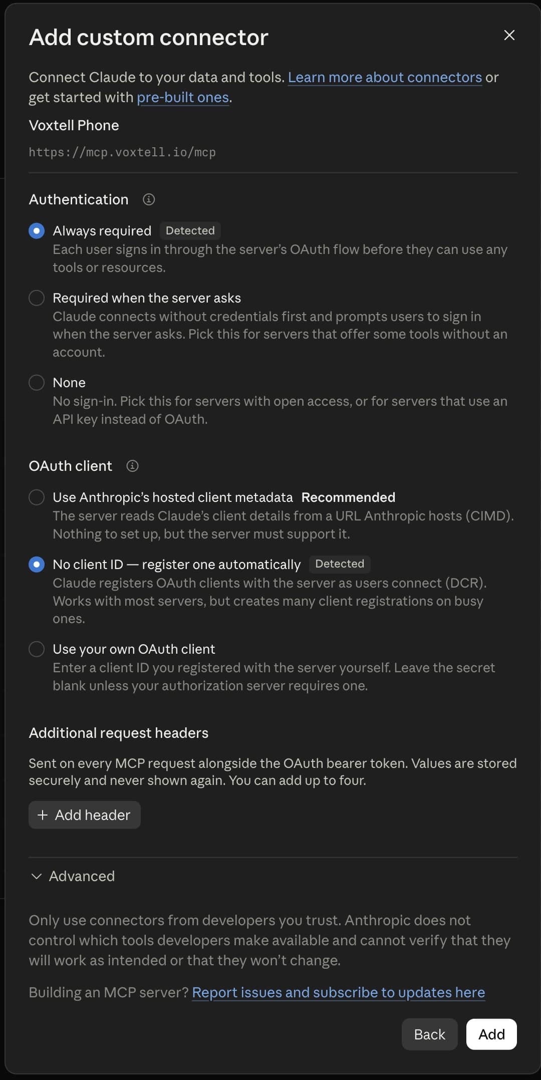 The second step of Claude's Add custom connector dialog for Voxtell Phone. Under Authentication, Always required is selected and marked Detected. Under OAuth client, No client ID, register one automatically is selected and marked Detected