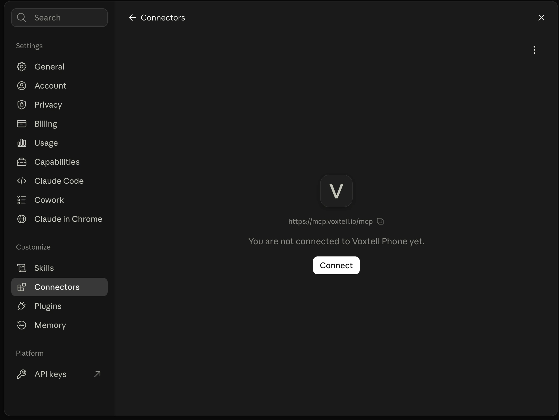 The Voxtell Phone connector page in Claude with the address, the sentence You are not connected to Voxtell Phone yet, and a Connect button