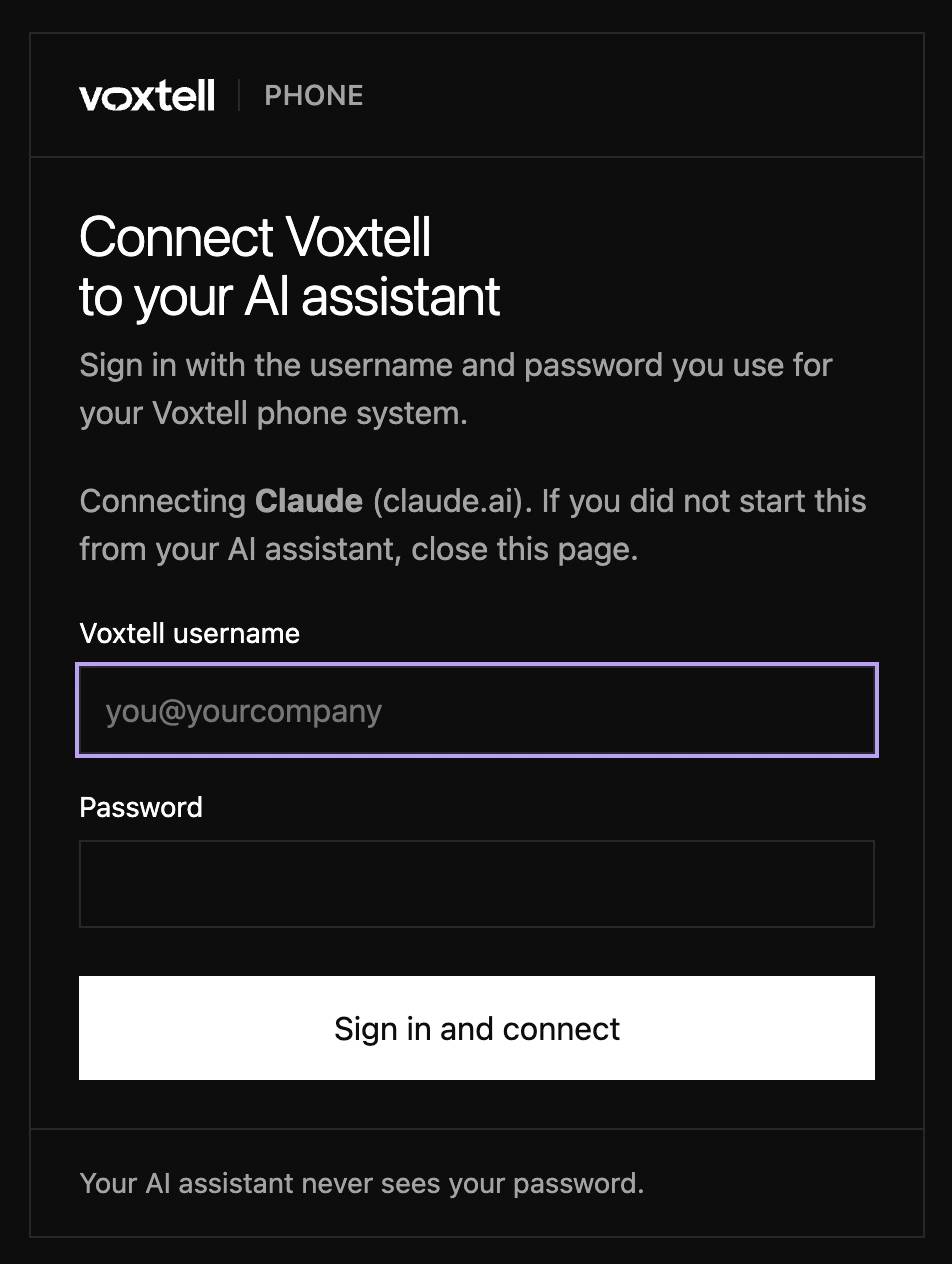 The Voxtell Phone sign-in page saying Connecting Claude, with Voxtell username and Password fields and a Sign in and connect button