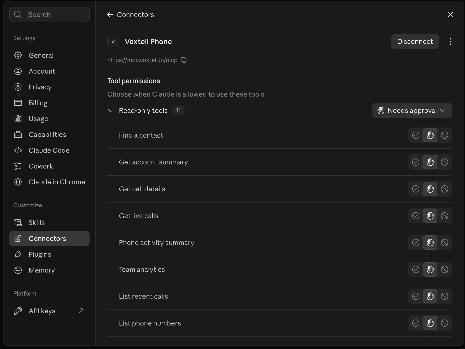 The connected Voxtell Phone connector in Claude: a Disconnect button, Tool permissions, and the read-only tools set to Needs approval