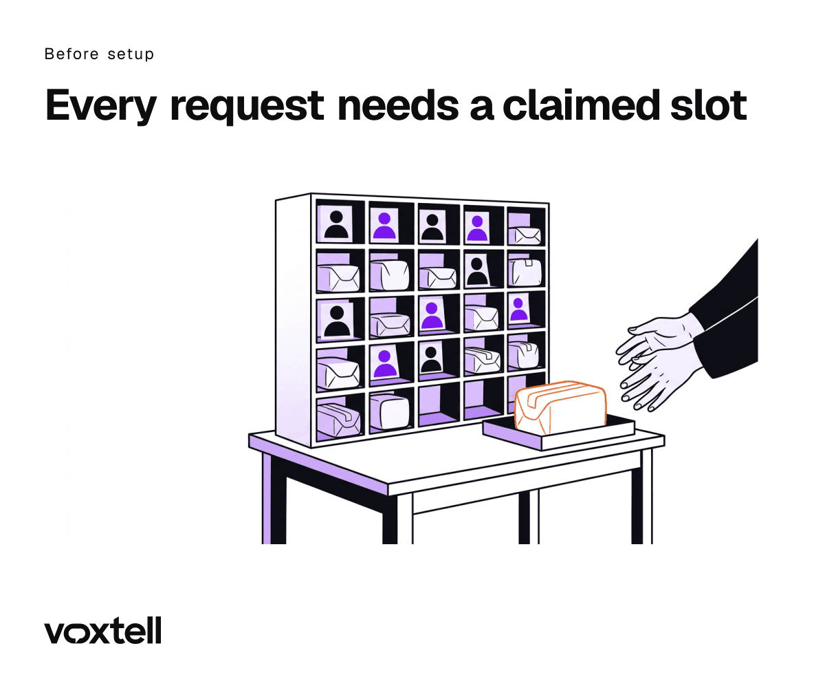 Flat illustration of a sorting desk with parcels dropping into labeled pigeonholes, one parcel left in an unclaimed tray.
